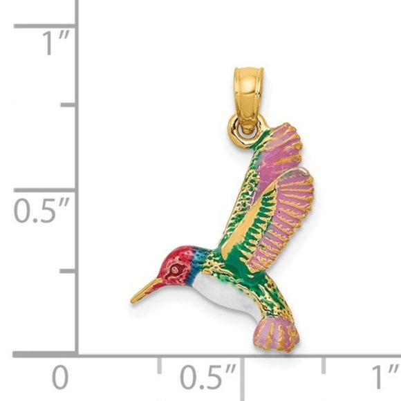14k Yellow Gold Multi-color Enameled 3-D Hummingbird Necklace Charm Pendant Bird - Picture 4 of 4